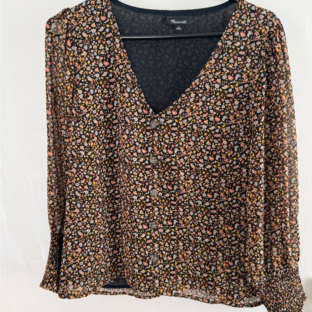 Madewell Black Floral V-Neck Button Blouse with Pink and Yellow Accents